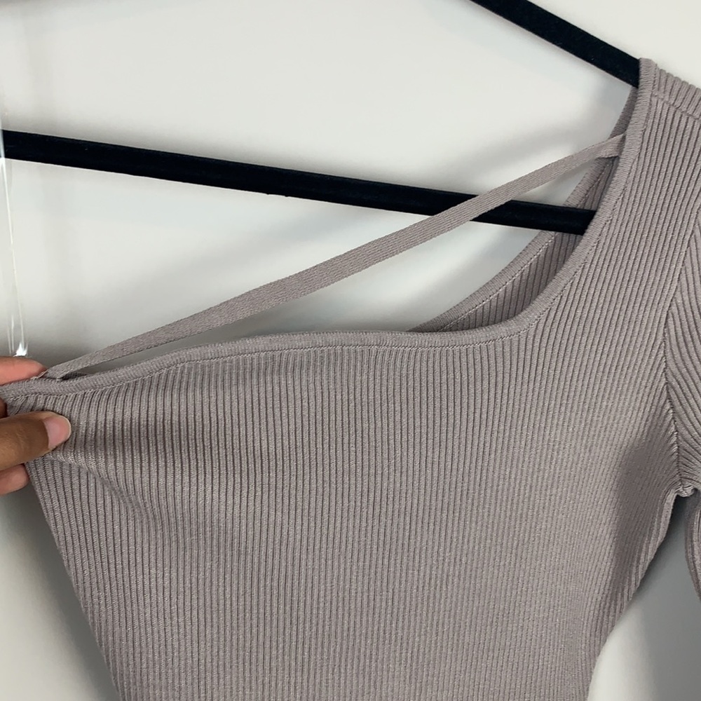 One Shoulder LongSleeve Stretch Ribbed Romper Gray - Picture 4 of 5